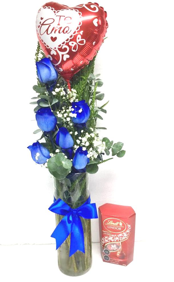 Florero en 6 Rosas Azules, Bombones Lindor 200grs y Globito